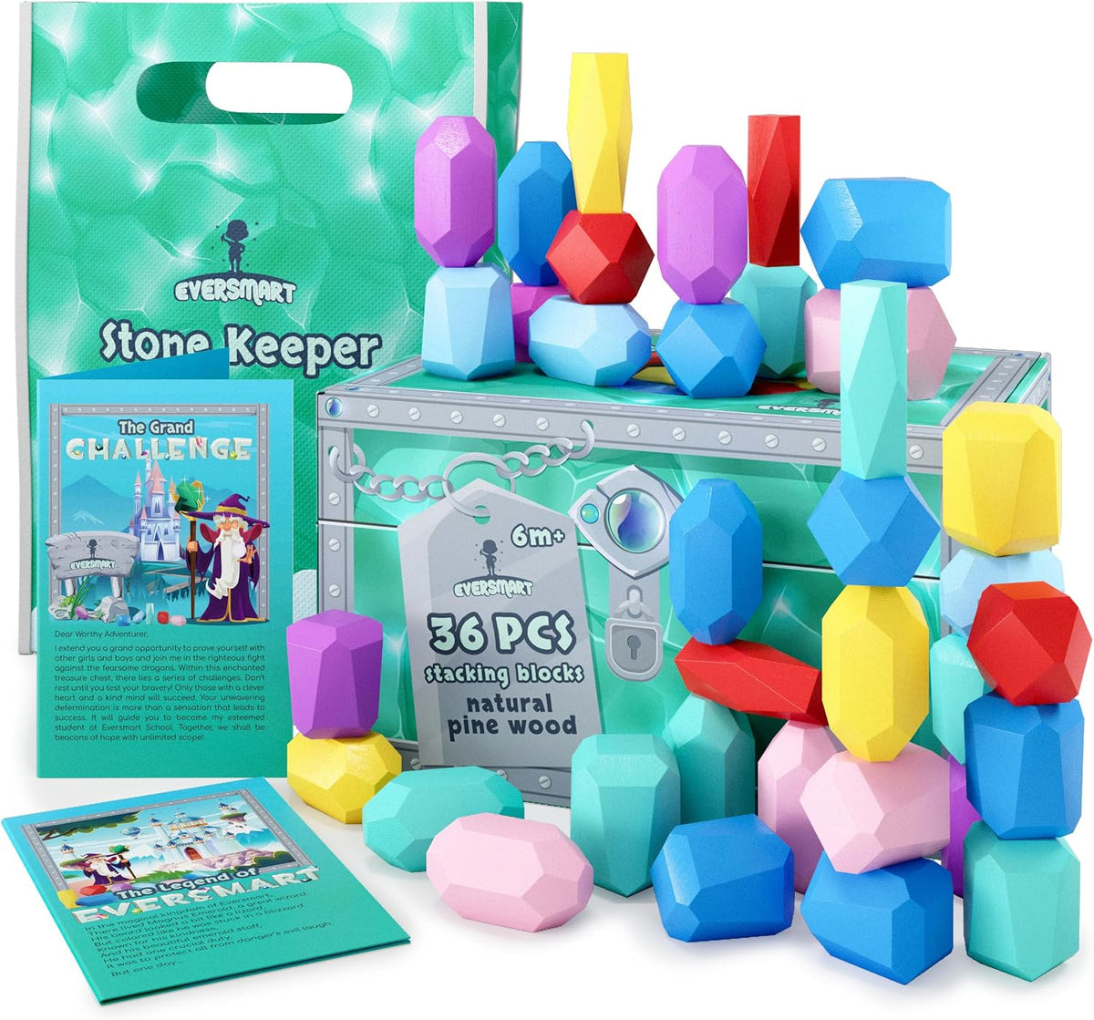 Colorful wooden stacking stones balanced into a small tower