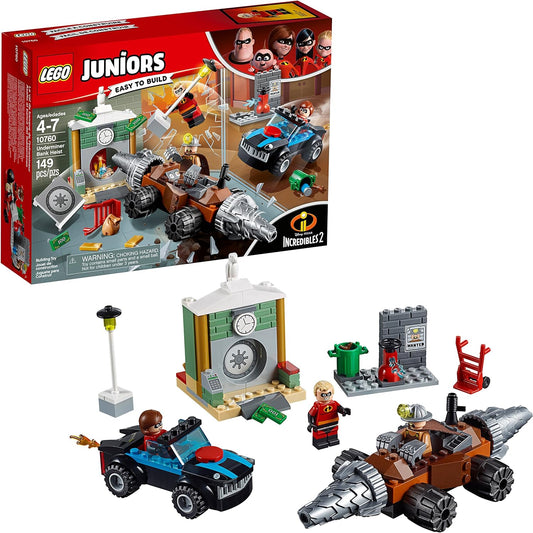 Brick bank vault, red hero car and drilling tunneler machine with three small figures