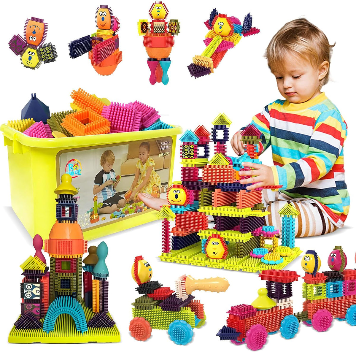 Colorful interlocking building blocks connected into shapes