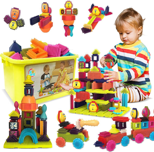 Colorful interlocking building blocks connected into shapes