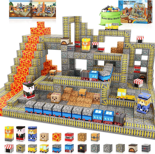 Colorful magnetic track blocks forming a mine train route with animal figures