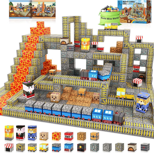 Colorful magnetic track blocks forming a mine train route with animal figures