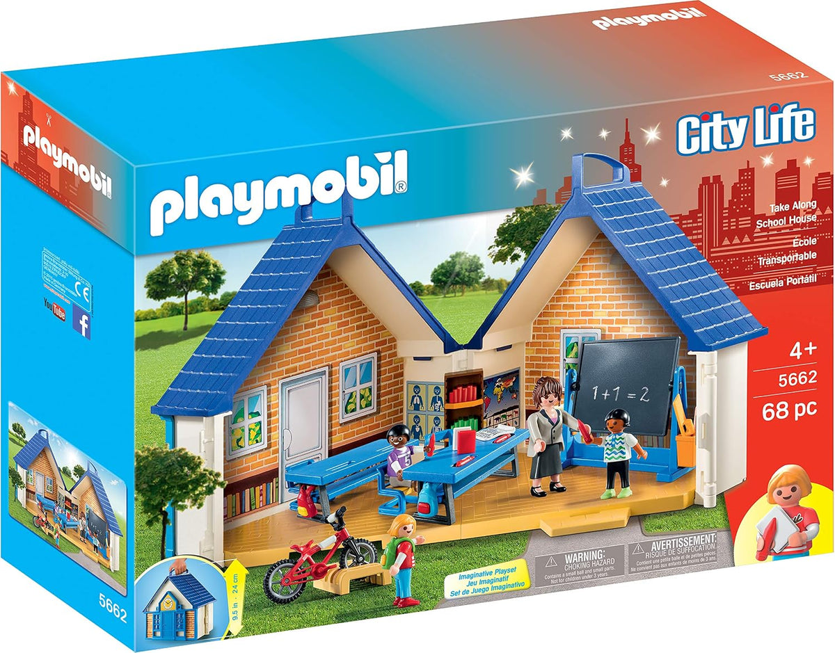 Open portable school house playset with classroom, chalkboard and figures