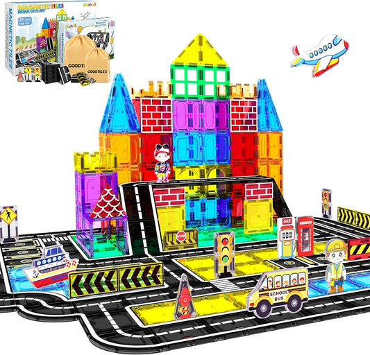 Magnetic tile road layout with curves, intersections and traffic signs