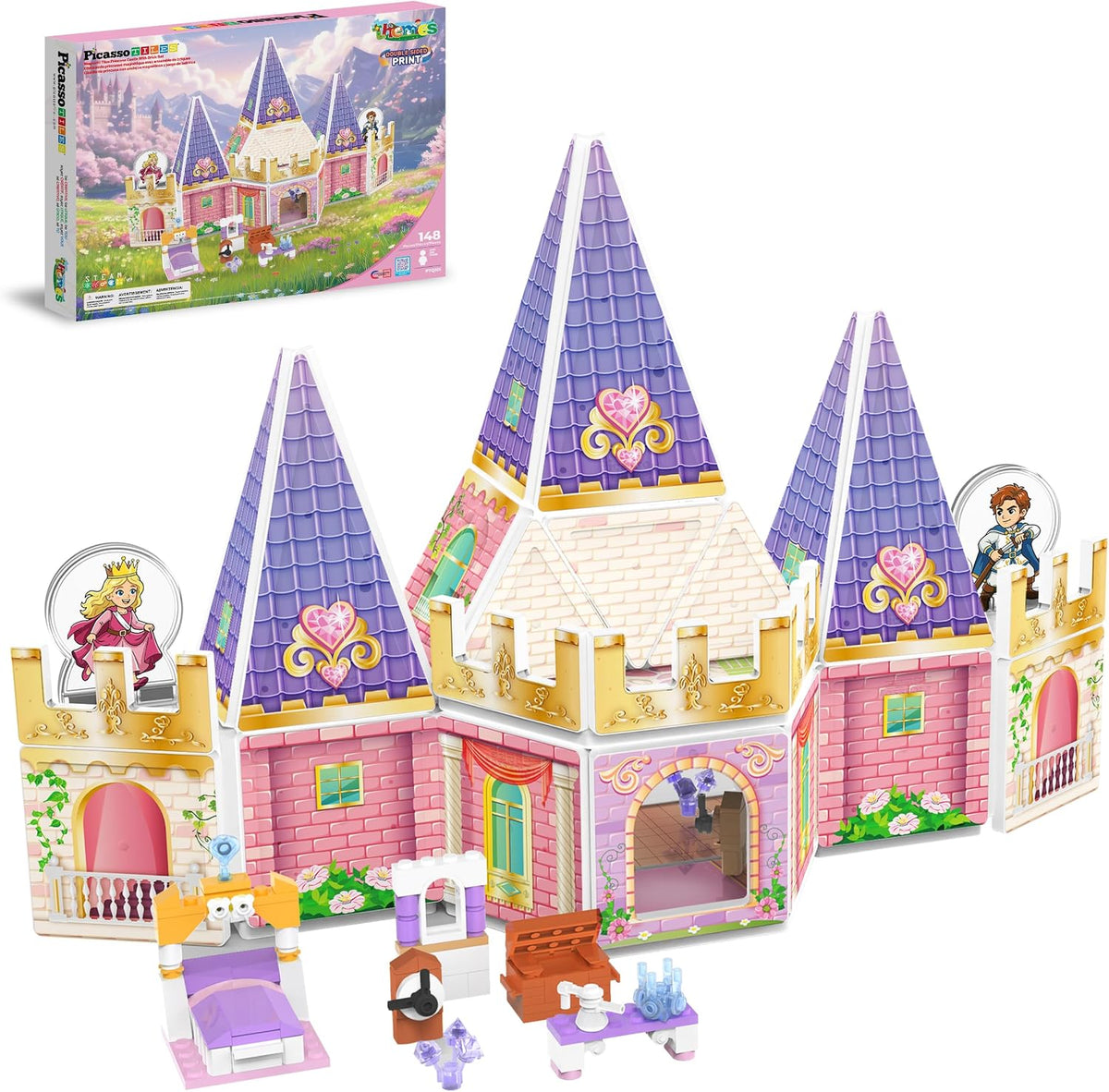 Colorful magnetic tiles built into a princess castle with towers