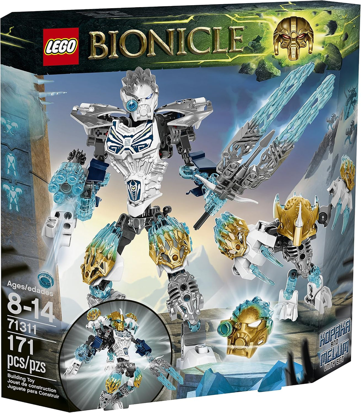 Buildable ice warrior figure with a white creature attached as armor