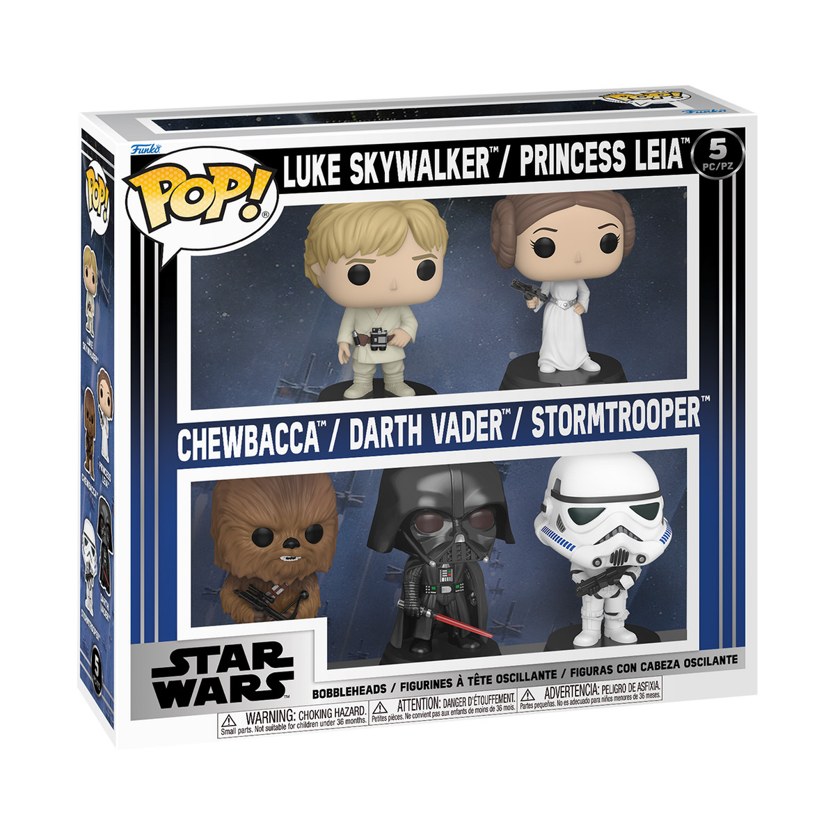 Funko Pop! Star Wars Luke Skywalker, Princess Leia, Chewbacca, Darth Vader and Stormtrooper Vinyl Figure Five-Pack - View 3