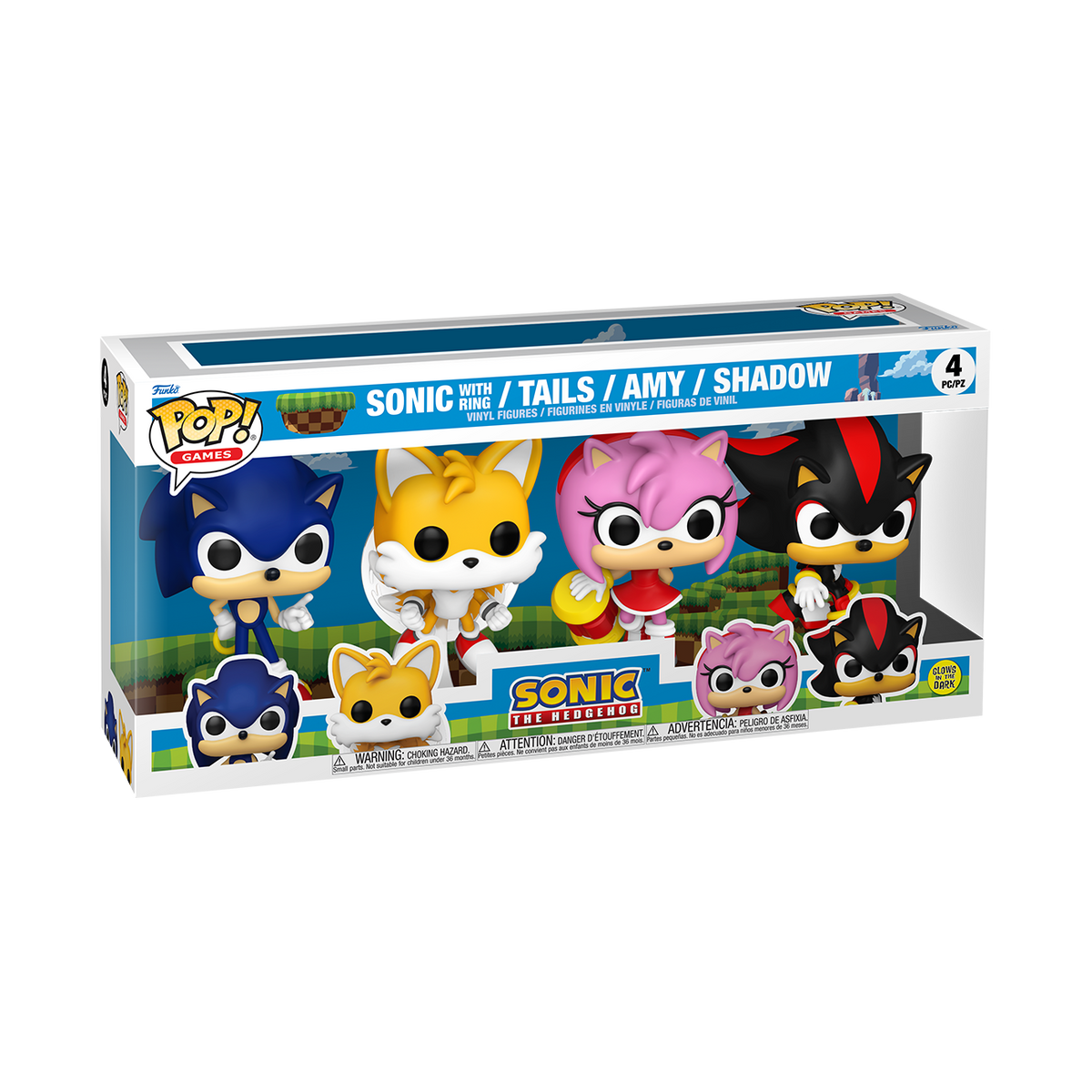Funko Pop! Games Sonic the Hedgehog Four-Pack Sonic with Ring, Tails, Amy, Shadow Glow-in-the-Dark - View 3