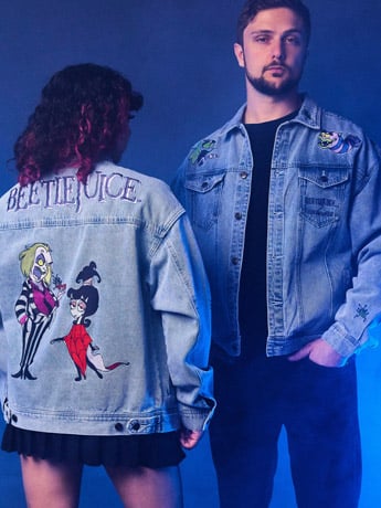 Cakeworthy Beetlejuice Denim Jacket with Lydia Deetz and Sandworm Art