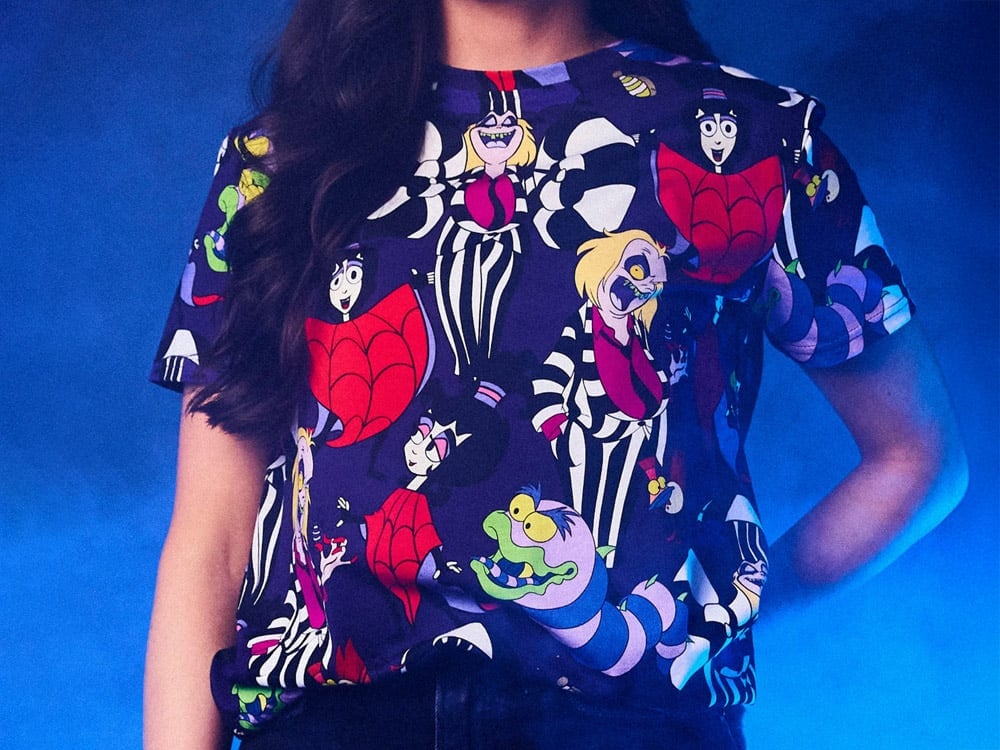 Cakeworthy Beetlejuice All-Over Print T-Shirt Featuring Lydia Deetz and Sandworm - View 2