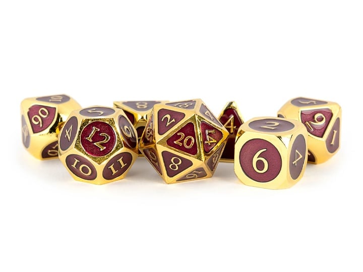 FanRoll Gold with Purple Enamel Metal Polyhedral Dice Set - View 2